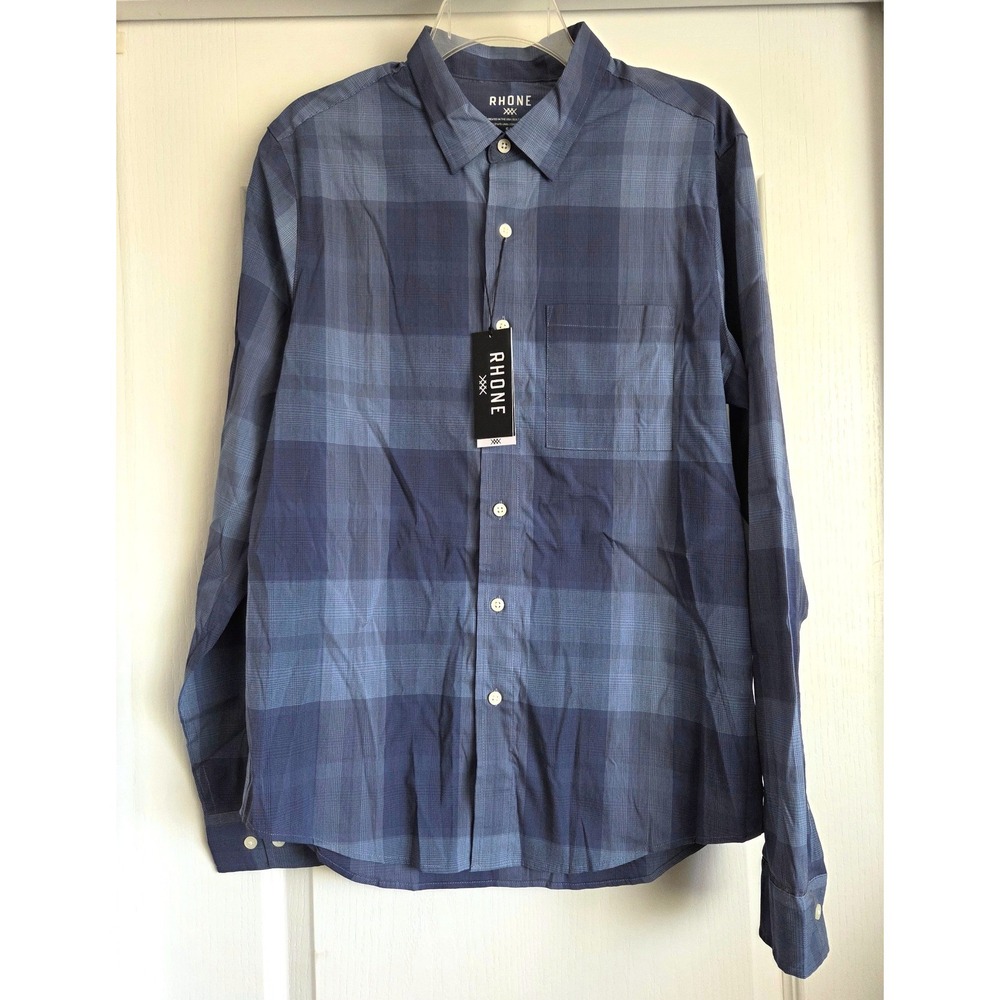 Rhone Blue Plaid Stretch Long Sleeve Button Down Shirt Sz S Lightweight NWT - Picture 2 of 8